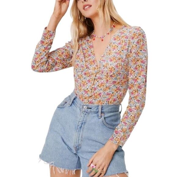 Nasty Gal Multicolored Floral V-Neck Button Front Top Size 2 - Picture 1 of 9